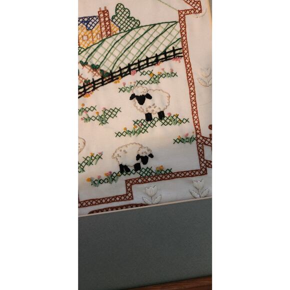 Vtg counted cross stitch of a country farm,w/sheep/crops w/farmhouse/barn Framed - Picture 9 of 14